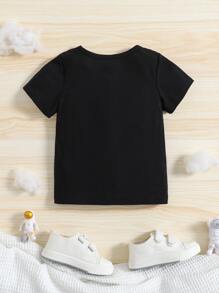 SHEIN Young Boy Black Cartoon Style Astronaut & Planet Print Casual Basic T-Shirt With Small Round Collar For Summer,Holiday,Summer,Travel - Black - View 2