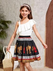 SHEIN Girls Asymmetrical Neck Ruffle Trim Top & Camel Print Skirt - Multicolor - View 2