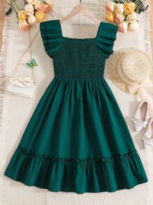 Vestido de niña adolescente con Body fruncido y volantes en el ruedo, ideal para vacaciones, verano y viajes - Verde Oscuro - Ver 2