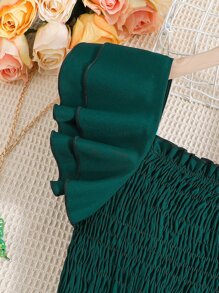 Vestido de niña adolescente con Body fruncido y volantes en el ruedo, ideal para vacaciones, verano y viajes - Verde Oscuro - Ver 3