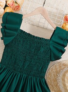 Vestido de niña adolescente con Body fruncido y volantes en el ruedo, ideal para vacaciones, verano y viajes - Verde Oscuro - Ver 4