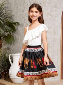 SHEIN Girls Asymmetrical Neck Ruffle Trim Top & Camel Print Skirt - Multicolor - View 5