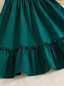 Vestido de niña adolescente con Body fruncido y volantes en el ruedo, ideal para vacaciones, verano y viajes - Verde Oscuro - Ver 5