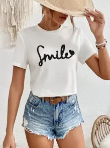 SHEIN Frenchy 字母和愛心刺繡T恤 - 白色 - 查看 1