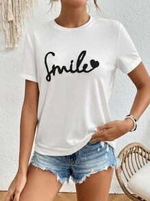 SHEIN Frenchy 字母和愛心刺繡T恤 - 白色 - 查看 3