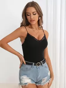 SHEIN Privé 蕾絲邊吊帶連體衣 - 黑色 - 查看 6