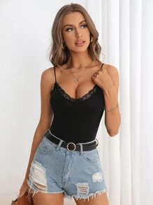 SHEIN Privé 蕾絲邊吊帶連體衣 - 黑色 - 查看 7