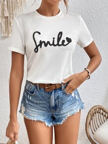SHEIN Frenchy 字母和愛心刺繡T恤 - 白色 - 查看 5