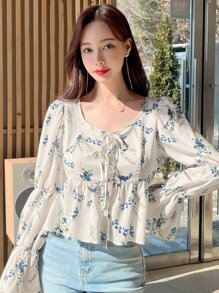 DAZY 花卉印花前結綁帶袖荷葉邊上衣 - 米色 - 查看 4