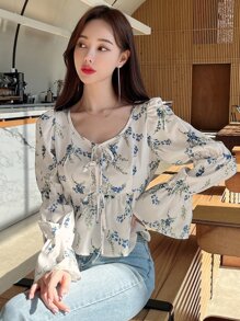 DAZY 花卉印花前結綁帶袖荷葉邊上衣 - 米色 - 查看 6