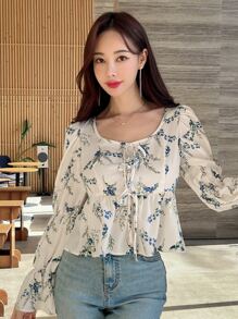 DAZY 花卉印花前結綁帶袖荷葉邊上衣 - 米色 - 查看 8