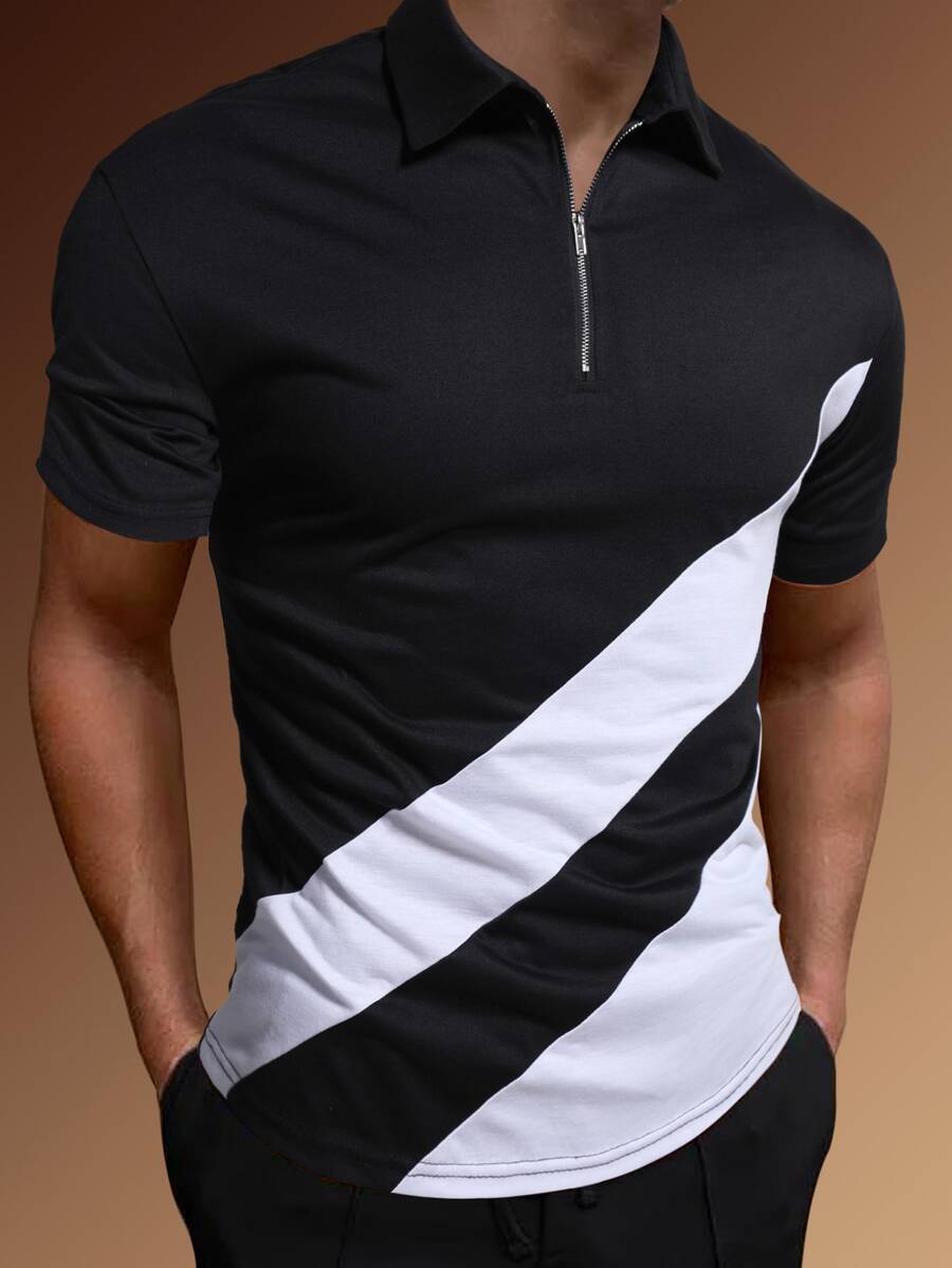 Manfinity Hombres Camisa polo de color combinado con cremallera cuarta - Negro - Ver 1