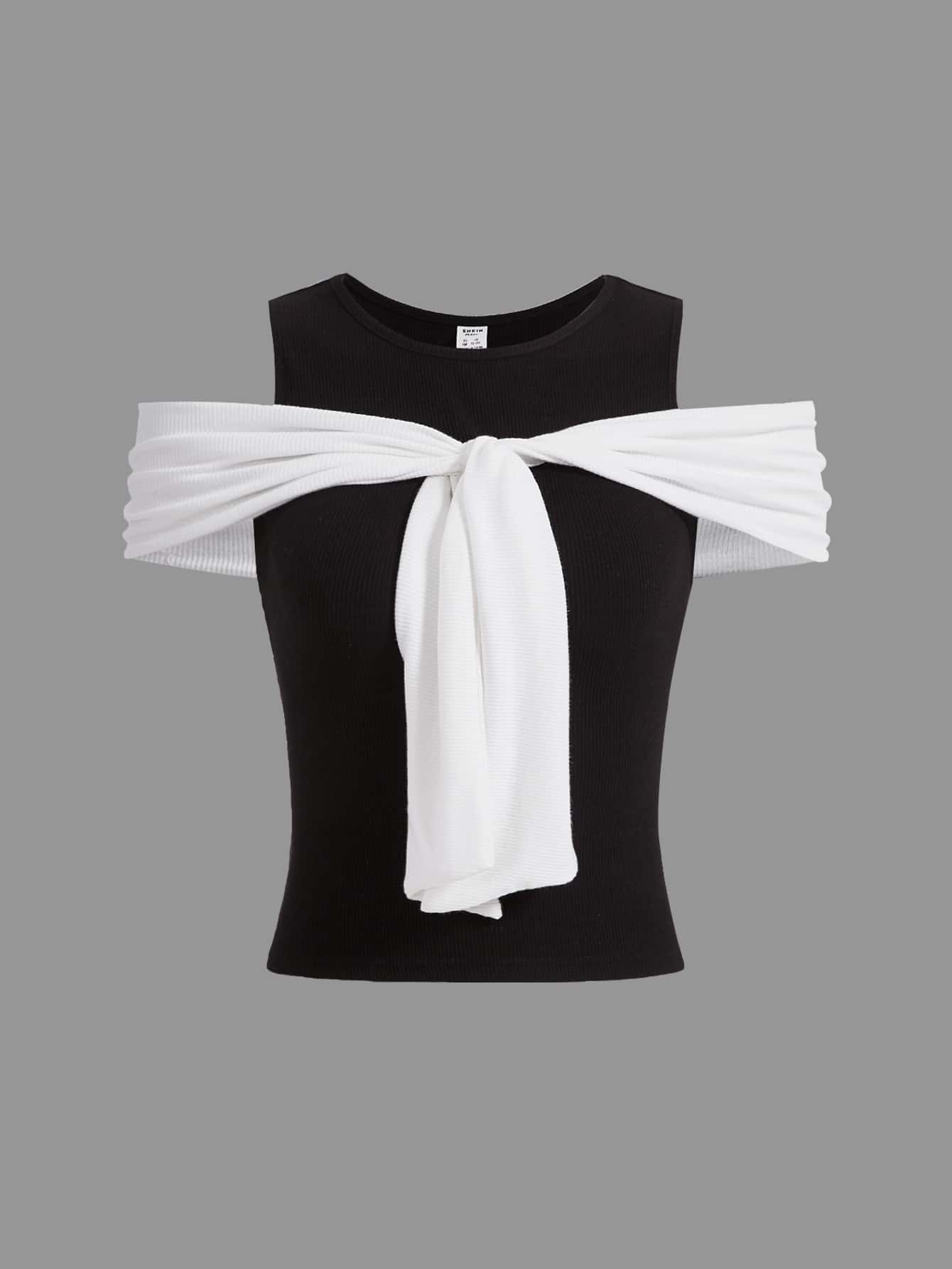 SHEIN Teen Girls Cold Shoulder Tie Front Tee - Black - View 1