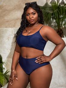 SHEIN Bộ đồ bơi Tankini lưới họa tiết nhiệt đới cỡ lớn tay ngắn xẻ đùi & áo hai dây & quần tankini cạp cao 3 món - Màu xanh lam - Xem 3