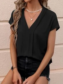 SHEIN LUNE Áo sơ mi nữ Uốn nếp màu trơn Giải trí - màu đen - Xem 5