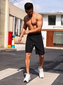 Manfinity Fitness Boyfriend Style Men's Drawstring Waist Zipper Pocket Casual Workout Shorts,Gym Clothes Sweat Pants Black Shorts - Black - View 3