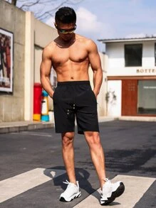 Manfinity Fitness Boyfriend Style Men's Drawstring Waist Zipper Pocket Casual Workout Shorts,Gym Clothes Sweat Pants Black Shorts - Black - View 4