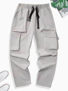 Manfinity Men Flap Pocket Drawstring Waist Cargo Trousers - Light Grey - View 4