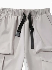 Manfinity Men Flap Pocket Drawstring Waist Cargo Trousers - Light Grey - View 5