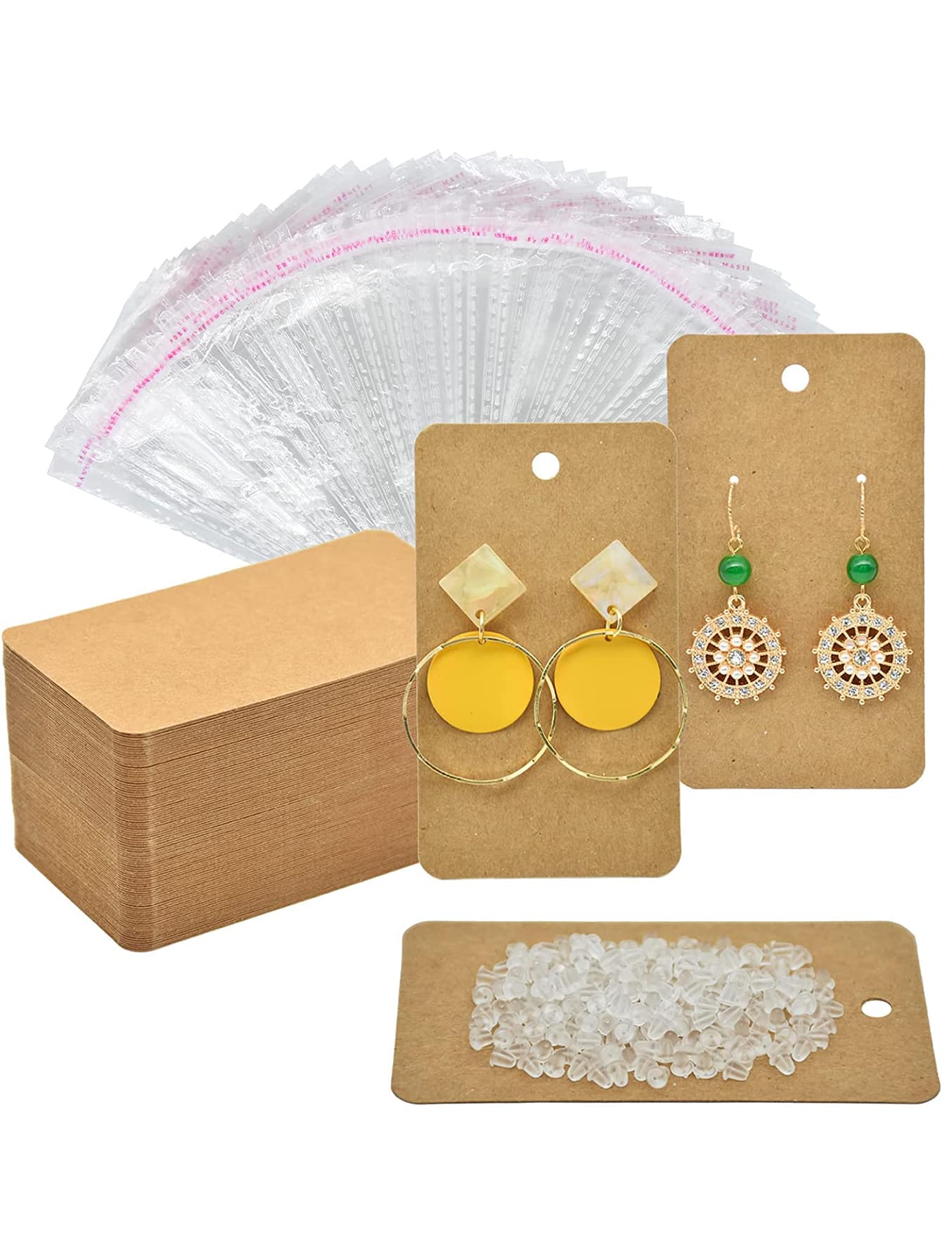 100pcs Jewelry Storage Card & 100pcs Earring Backs & 100pcs Self-Adhesive Bags, Earring Display Card, Backs & Bags Set, Gift For Valentine's Day - Brown - View 1