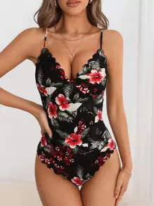 SHEIN Privé 熱帶圖案貝殼邊吊帶連體衣 - 彩色 - 查看 2