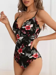 SHEIN Privé 熱帶圖案貝殼邊吊帶連體衣 - 彩色 - 查看 6