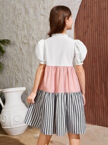 SHEIN Tween Girl Striped Print Puff Sleeve Ruffle Hem Smock Dress - Multicolor - View 3