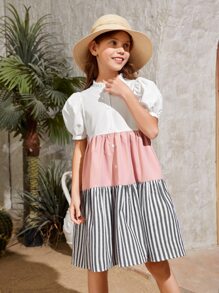 SHEIN Tween Girl Striped Print Puff Sleeve Ruffle Hem Smock Dress - Multicolor - View 4