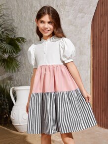 SHEIN Tween Girl Striped Print Puff Sleeve Ruffle Hem Smock Dress - Multicolor - View 5