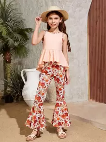 SHEIN Chicas bajo con fruncido Top tank & con estampado floral Pantalones acampanados - Multicolor - Ver 1