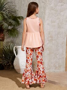 SHEIN Chicas bajo con fruncido Top tank & con estampado floral Pantalones acampanados - Multicolor - Ver 2