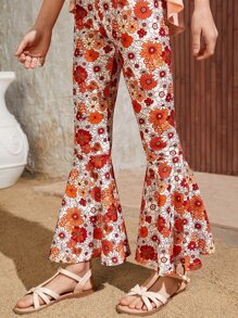 SHEIN Chicas bajo con fruncido Top tank & con estampado floral Pantalones acampanados - Multicolor - Ver 3