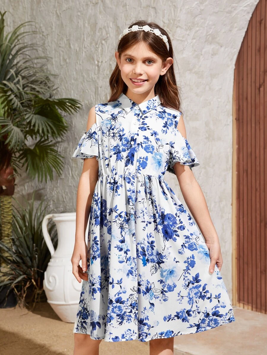 SHEIN Girls Floral Print Cold Shoulder Ruffle Trim Dress