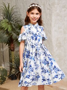SHEIN Girls Floral Print Cold Shoulder Ruffle Trim Dress