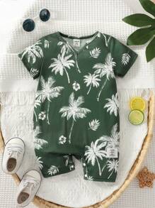 Đứa bé trai In cây dừa Cổ có Lỗ hổng Romper - Màu xanh lá cây đậm - Xem 1