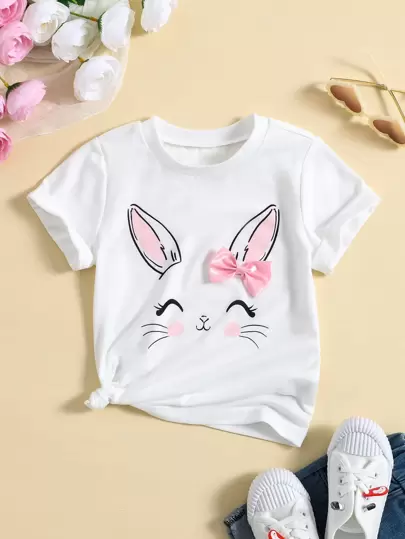 SHEIN Vintaside Kids Young Girl White Cute Cartoon Rabbit Printed T-Shirt For Summer With Round Neck And Short Sleeves,Holiday,Summer,Travel