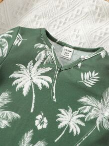 Đứa bé trai In cây dừa Cổ có Lỗ hổng Romper - Màu xanh lá cây đậm - Xem 3