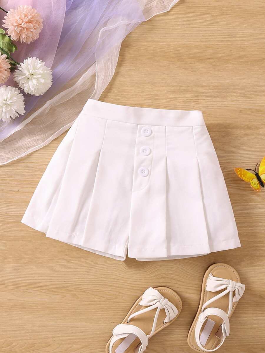 SHEIN Cô Gái Trẻ Trắng Màu thuần Giải trí Đơn giản Xếp li Quần short Cho mùa hè - trắng - Xem 1