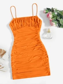 SHEIN EZwear Đầm Xù Nếp gấp Phần Ngực màu trơn Gợi cảm - trái cam - Xem 1