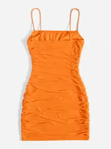 SHEIN EZwear Đầm Xù Nếp gấp Phần Ngực màu trơn Gợi cảm - trái cam - Xem 2