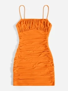 SHEIN EZwear Đầm Xù Nếp gấp Phần Ngực màu trơn Gợi cảm - trái cam - Xem 3