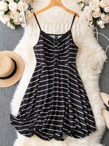 SHEIN LUNE Plus Striped Print Button Front Cami Dress - Black - View 1