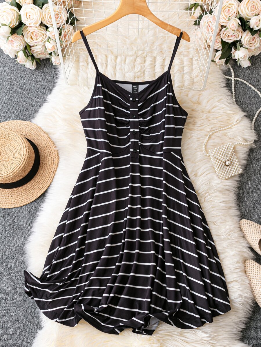 SHEIN LUNE Plus Striped Print Button Front Cami Dress - Black - View 1