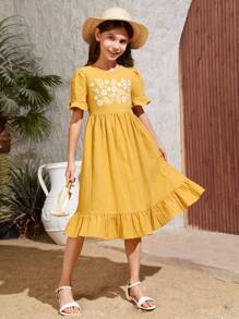 SHEIN 女孩花卉刺繡荷葉袖荷葉邊連衣裙 - 黃色 - 查看 1