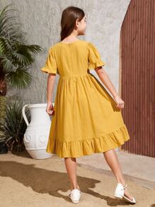 SHEIN 女孩花卉刺繡荷葉袖荷葉邊連衣裙 - 黃色 - 查看 2