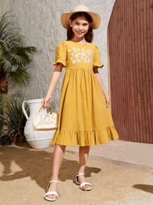 SHEIN 女孩花卉刺繡荷葉袖荷葉邊連衣裙 - 黃色 - 查看 3