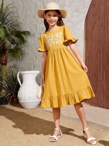 SHEIN 女孩花卉刺繡荷葉袖荷葉邊連衣裙 - 黃色 - 查看 6
