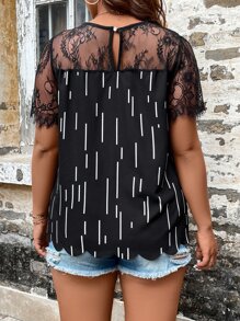SHEIN LUNE Blusa con estampado de rayas con encaje en contraste - Negro - Ver 2