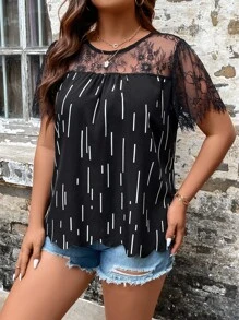 SHEIN LUNE Blusa con estampado de rayas con encaje en contraste - Negro - Ver 3