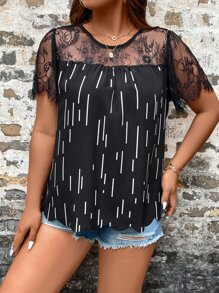 SHEIN LUNE Blusa con estampado de rayas con encaje en contraste - Negro - Ver 5